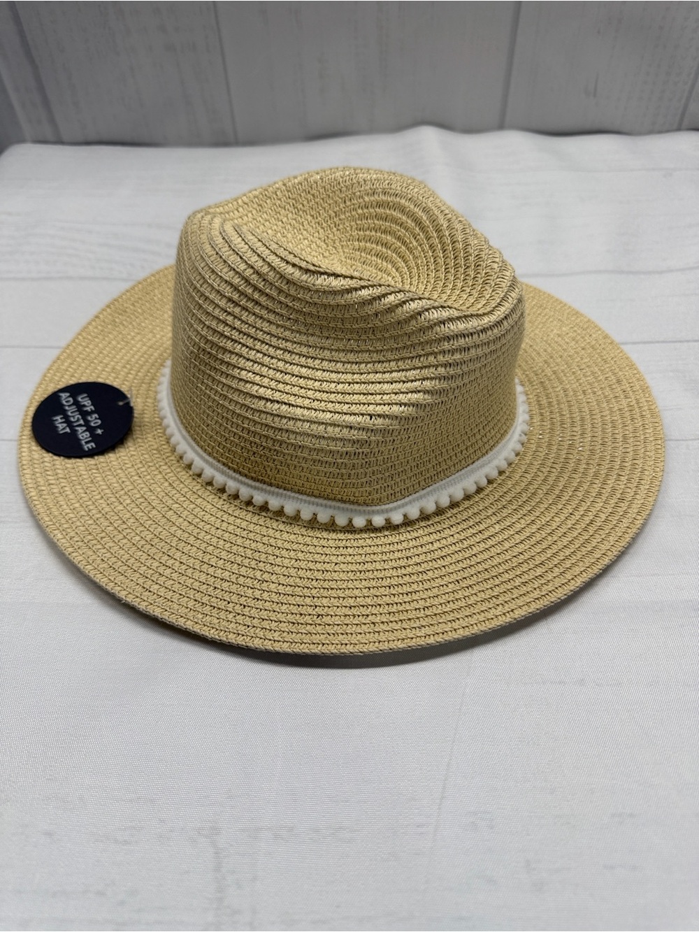 Rachel Zoe NWT Natural Tan Straw UPF 50 Sun Adjustable Hat with White Pom Trim